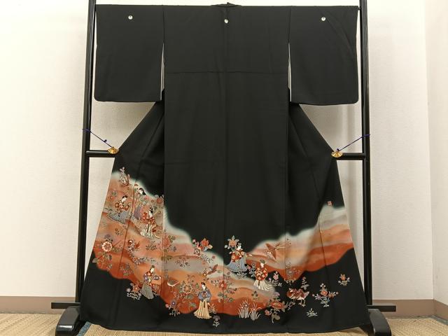 平和屋着物■豪華黒留袖　作家物　花喰い鳥　人物文　暈し染め　正絹　逸品　BAAX6683hj