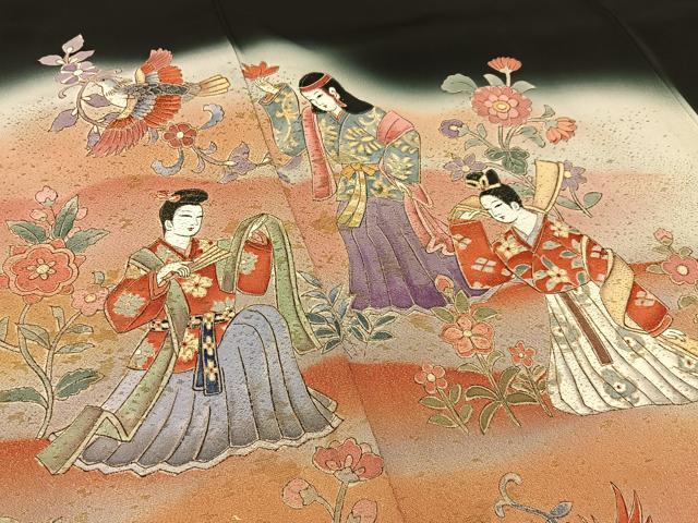平和屋着物■豪華黒留袖　作家物　花喰い鳥　人物文　暈し染め　正絹　逸品　BAAX6683hj