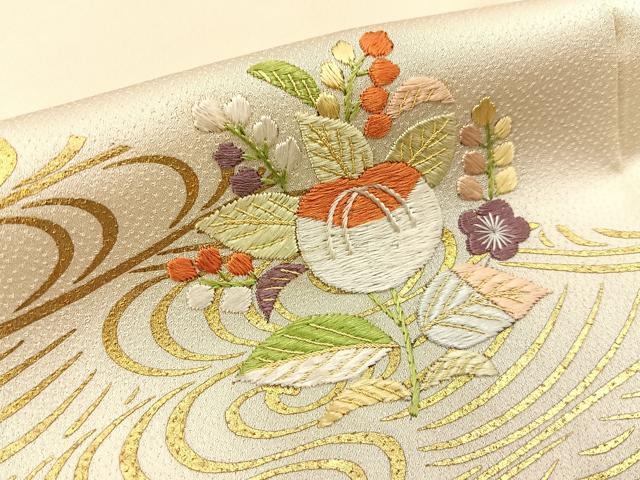 平和屋着物■訪問着　刺繍　流水草花文　金彩　正絹　逸品　BAAX6687hj