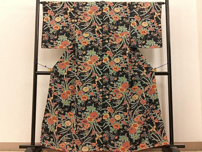 平和屋着物■上質な小紋　型染め　草花文　黒地　正絹　逸品　未使用　BAAX6710hj