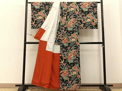 平和屋着物■上質な小紋　型染め　草花文　黒地　正絹　逸品　未使用　BAAX6710hj