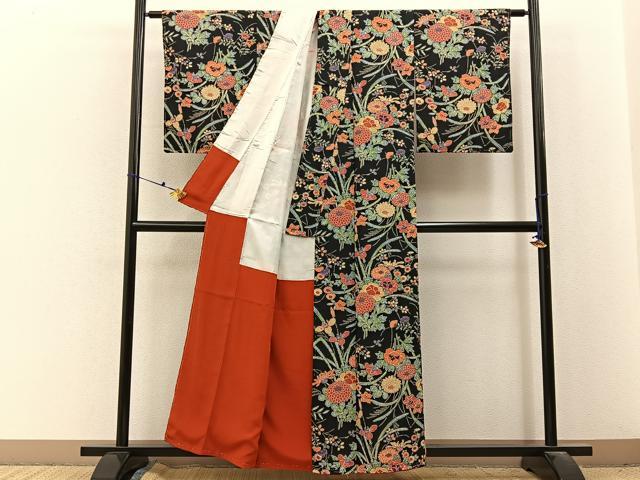 平和屋着物■上質な小紋　型染め　草花文　黒地　正絹　逸品　未使用　BAAX6710hj