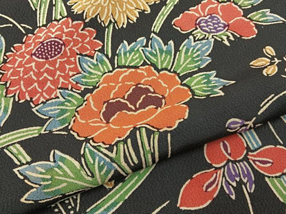 平和屋着物■上質な小紋　型染め　草花文　黒地　正絹　逸品　未使用　BAAX6710hj