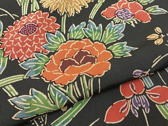 平和屋着物■上質な小紋　型染め　草花文　黒地　正絹　逸品　未使用　BAAX6710hj