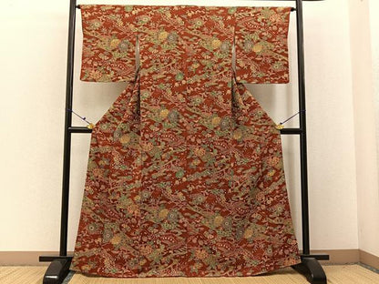 平和屋着物■上質な小紋　型染め　流水花文　鬼しぼ縮緬　正絹　逸品　BAAX6727hj
