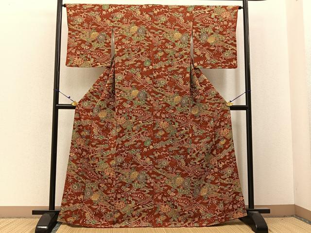 平和屋着物■上質な小紋　型染め　流水花文　鬼しぼ縮緬　正絹　逸品　BAAX6727hj