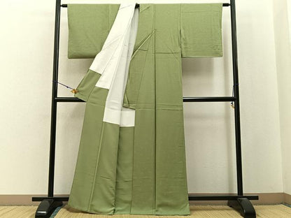 平和屋着物●上質な色無地　器物地紋　若葉色　正絹　逸品　BAAX6766hj