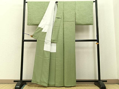 平和屋着物●上質な色無地　草花地紋　裏葉柳色　正絹　逸品　BAAX6796hj