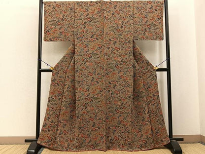 平和屋着物■上質な小紋　型染め　花鳥文　鬼しぼ縮緬　正絹　逸品　BAAX6808hj