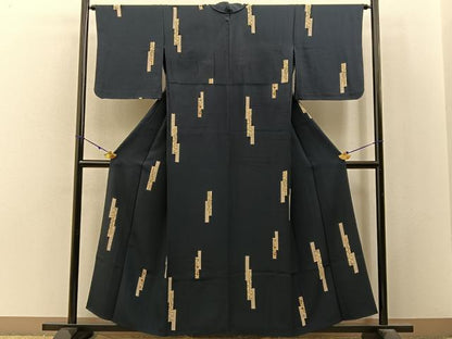平和屋着物▽上質な小紋　単衣　短冊鹿の子秋草文　濃紺地　金彩　正絹　逸品　BAAX6811hj
