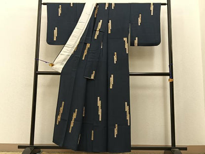 平和屋着物▽上質な小紋　単衣　短冊鹿の子秋草文　濃紺地　金彩　正絹　逸品　BAAX6811hj
