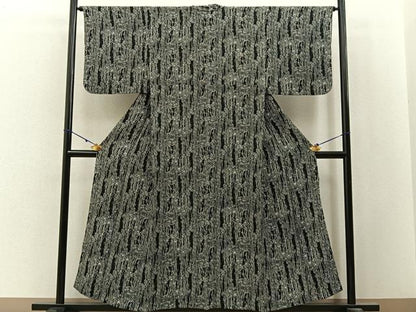 平和屋着物▽上質な小紋　単衣　笹竹文　黒地　正絹　逸品　BAAX6812hj