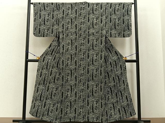 平和屋着物▽上質な小紋　単衣　笹竹文　黒地　正絹　逸品　BAAX6812hj