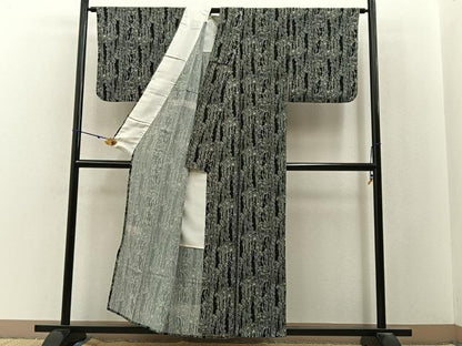 平和屋着物▽上質な小紋　単衣　笹竹文　黒地　正絹　逸品　BAAX6812hj
