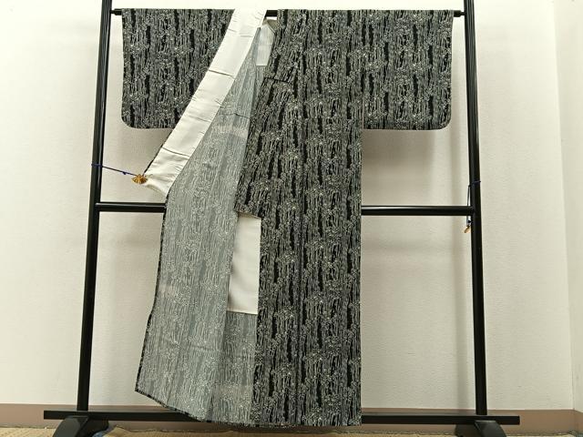 平和屋着物▽上質な小紋　単衣　笹竹文　黒地　正絹　逸品　BAAX6812hj