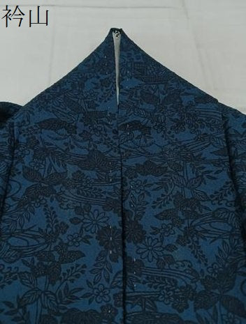 平和屋着物▽上質な小紋　単衣　藍　型染め　風景花文　正絹　逸品　BAAX6818hj