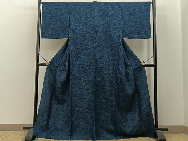 平和屋着物▽上質な小紋　単衣　藍　型染め　風景花文　正絹　逸品　BAAX6818hj
