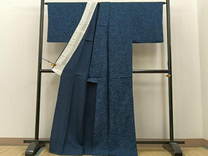 平和屋着物▽上質な小紋　単衣　藍　型染め　風景花文　正絹　逸品　BAAX6818hj