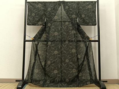 平和屋着物＊夏物　小紋　紗　菊唐草文　黒地　洗える着物　BAAX6820hj