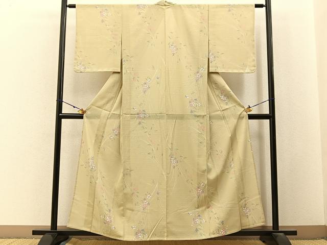 平和屋着物＊夏物　小紋　絽縮緬　草花文　洗える着物　未使用　BAAX6824hj