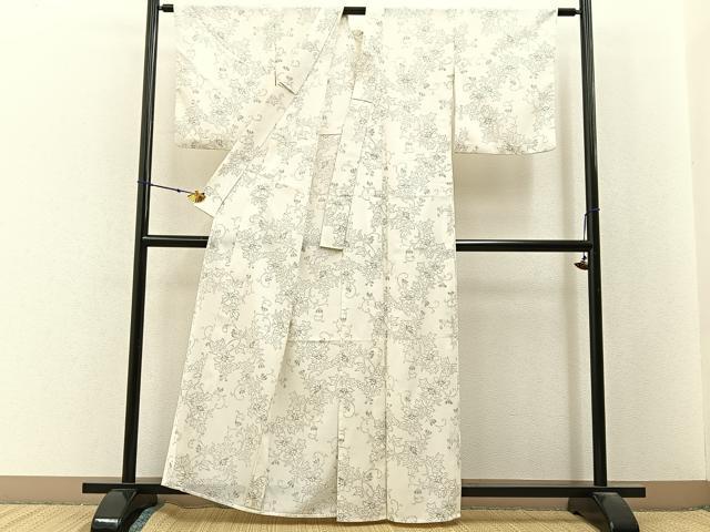 平和屋着物＊夏物　小紋　紗　花唐草文　洗える着物　BAAX6842hj