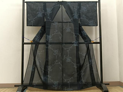 平和屋着物＊夏物　小紋　紗　花唐草文　黒地　洗える着物　BAAX6849hj