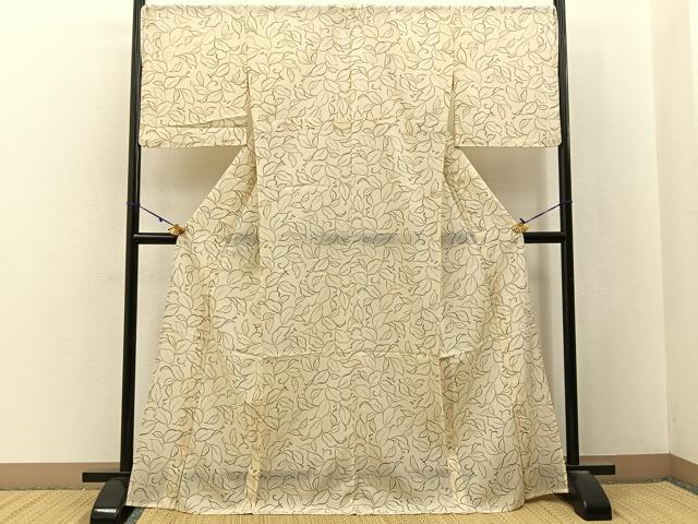 平和屋着物＊夏物　小紋　紗　草葉文　洗える着物　未使用　BAAX6851hj