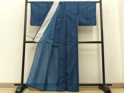 平和屋着物＊夏物　小紋　絽　藍　型染め　更紗花鳥文　洗える着物　未使用　BAAX6861hj