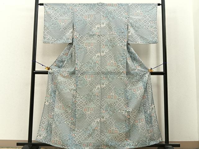 平和屋着物＊夏物　小紋　紗　更紗花文　洗える着物　BAAX6866hj
