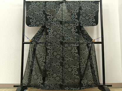 平和屋着物＊夏物　小紋　紗　草花尽くし　黒地　洗える着物　BAAX6868hj