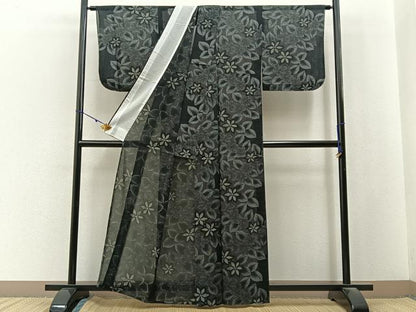 平和屋着物＊夏物　小紋　紗　草花尽くし　黒地　洗える着物　BAAX6868hj