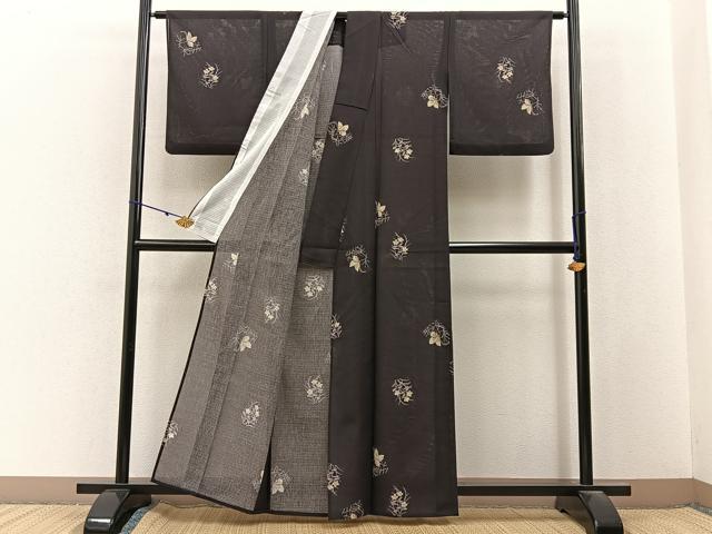 平和屋着物＊夏物　小紋　絽　色紙花蝶文　洗える着物　BAAX6869hj