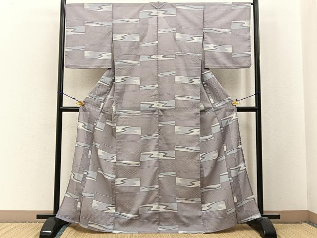 平和屋着物＊夏物　小紋　絽　横段流水文　洗える着物　BAAX6873hj