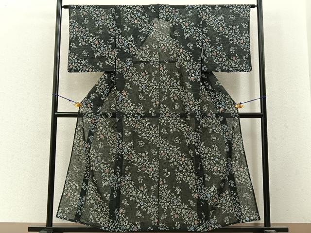 平和屋着物＊夏物　小紋　紗　更紗花唐草文　黒地　洗える着物　BAAX6886hj