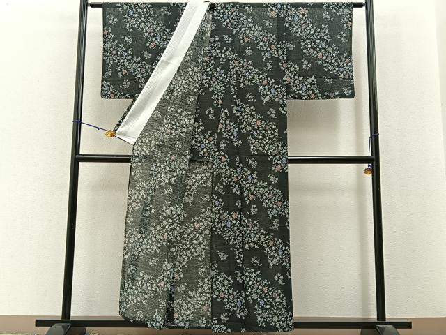 平和屋着物＊夏物　小紋　紗　更紗花唐草文　黒地　洗える着物　BAAX6886hj