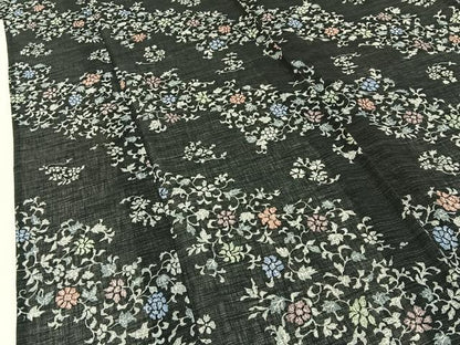 平和屋着物＊夏物　小紋　紗　更紗花唐草文　黒地　洗える着物　BAAX6886hj