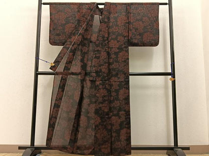 平和屋着物＊夏物　小紋　紗　更紗花唐草文　黒地　洗える着物　BAAX6892hj