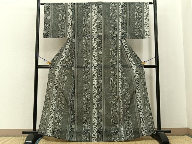 平和屋着物＊夏物　小紋　絽　草花文　黒地　洗える着物　未使用　BAAX6893hj