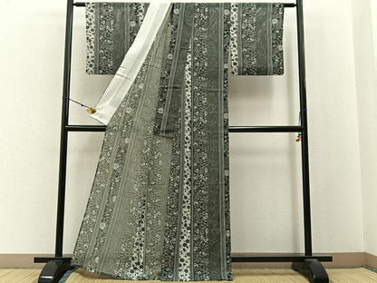 平和屋着物＊夏物　小紋　絽　草花文　黒地　洗える着物　未使用　BAAX6893hj
