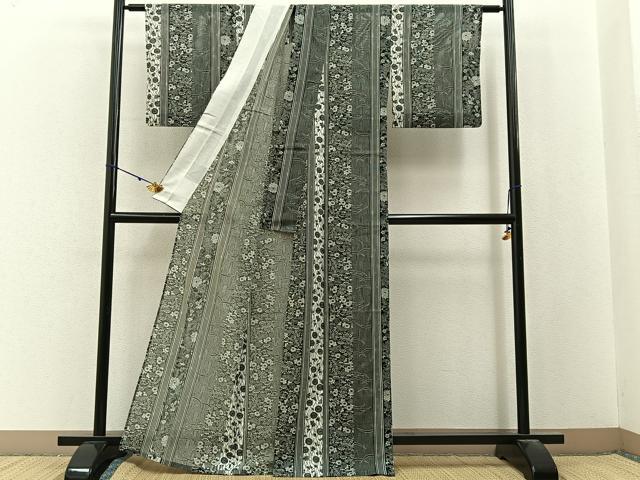 平和屋着物＊夏物　小紋　絽　草花文　黒地　洗える着物　未使用　BAAX6893hj