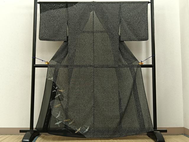 平和屋着物＊夏物　訪問着　絽　飛鶴文　たたき染め　黒地　金銀彩　洗える着物　BAAX6896hj