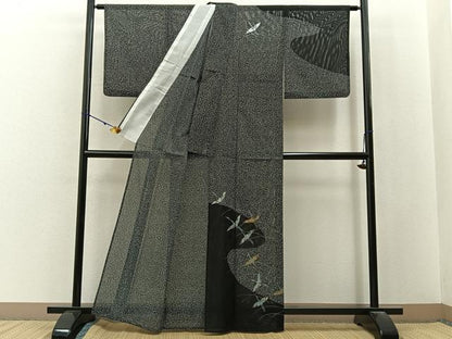 平和屋着物＊夏物　訪問着　絽　飛鶴文　たたき染め　黒地　金銀彩　洗える着物　BAAX6896hj