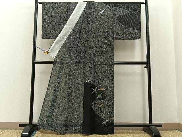 平和屋着物＊夏物　訪問着　絽　飛鶴文　たたき染め　黒地　金銀彩　洗える着物　BAAX6896hj