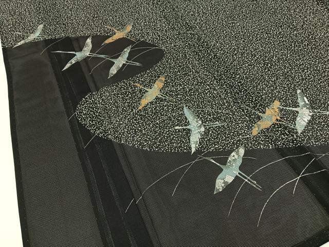 平和屋着物＊夏物　訪問着　絽　飛鶴文　たたき染め　黒地　金銀彩　洗える着物　BAAX6896hj