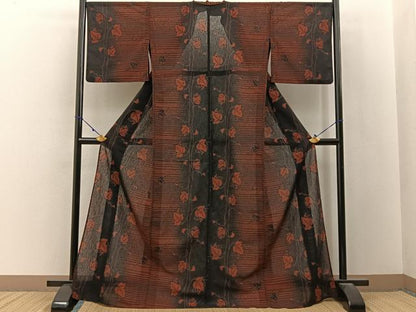平和屋着物＊夏物　小紋　紗　葡萄蔦の葉文　黒地　洗える着物　BAAX6897hj