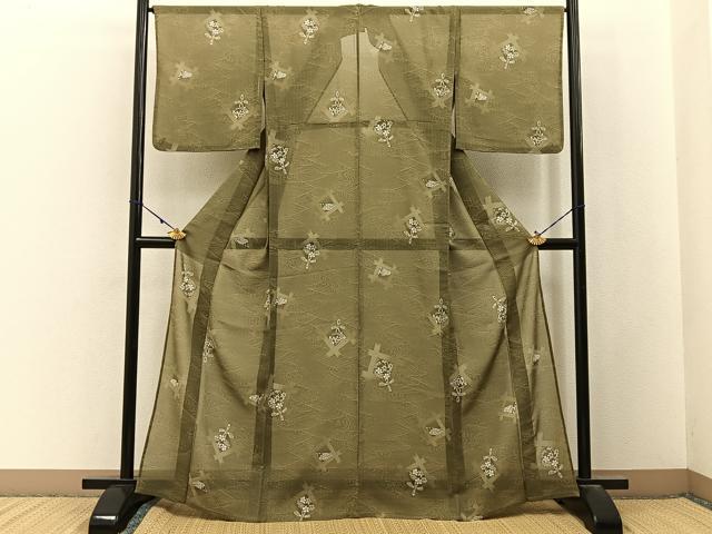 平和屋着物＊夏物　小紋　紅梅織　流水草花文　洗える着物　BAAX6898hj
