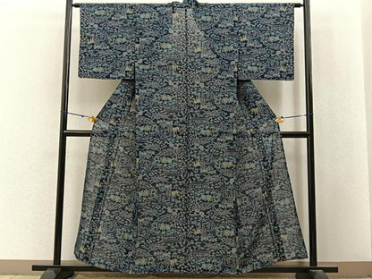 平和屋着物＊夏物　紗紬　草花文　濃紺地　正絹　逸品　BAAX6910hj