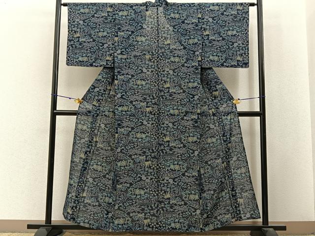 平和屋着物＊夏物　紗紬　草花文　濃紺地　正絹　逸品　BAAX6910hj