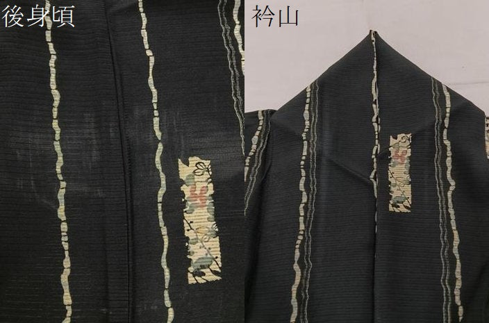 平和屋着物＊夏物　小紋　絽　型染め　短冊草花文　黒地　正絹　逸品　BAAX6913hj