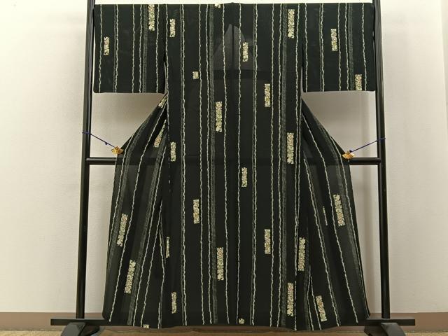 平和屋着物＊夏物　小紋　絽　型染め　短冊草花文　黒地　正絹　逸品　BAAX6913hj